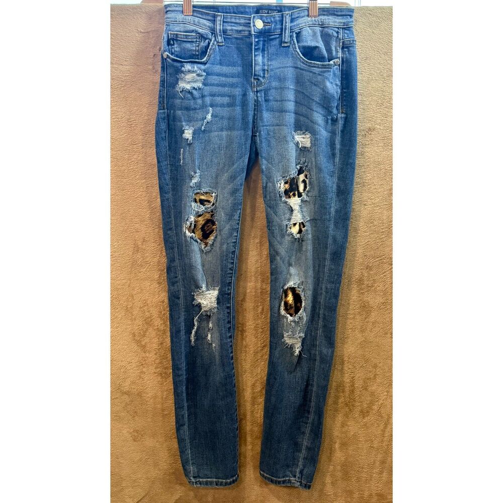 Judy Blue Distressed Animal Print Patch Skinny Jeans Medium Wash Denim 7